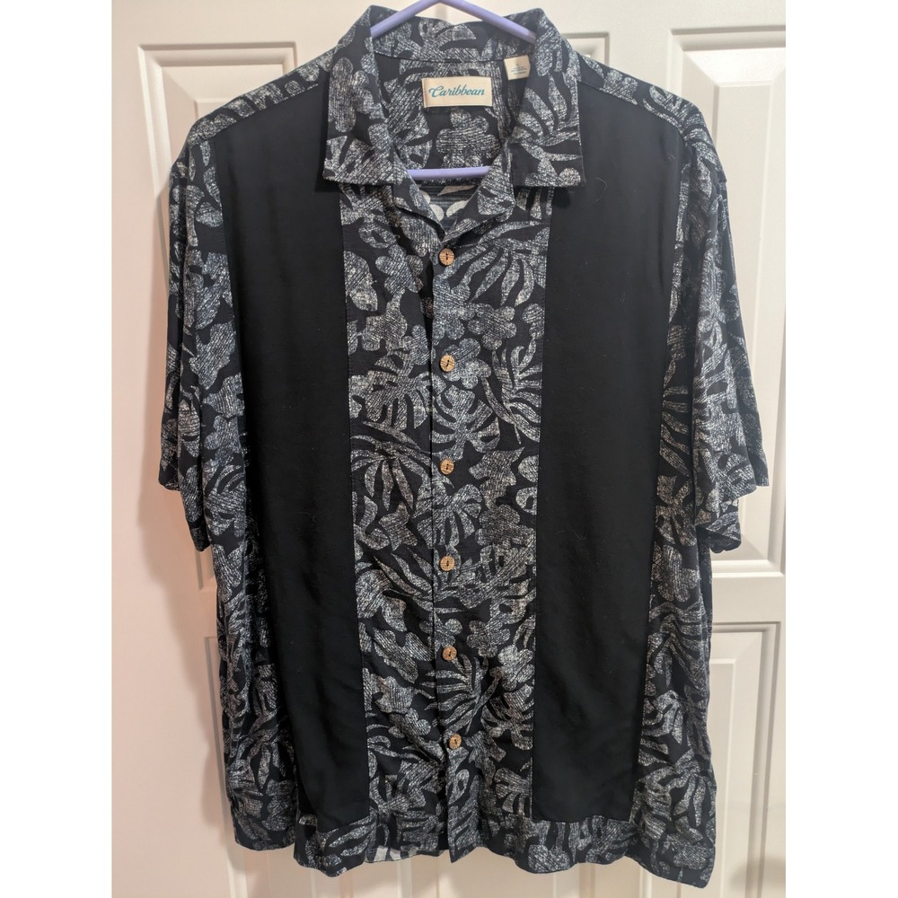 Caribbean Mens Tropical Floral Leaf Print Button Down Shirt Black Grey Large